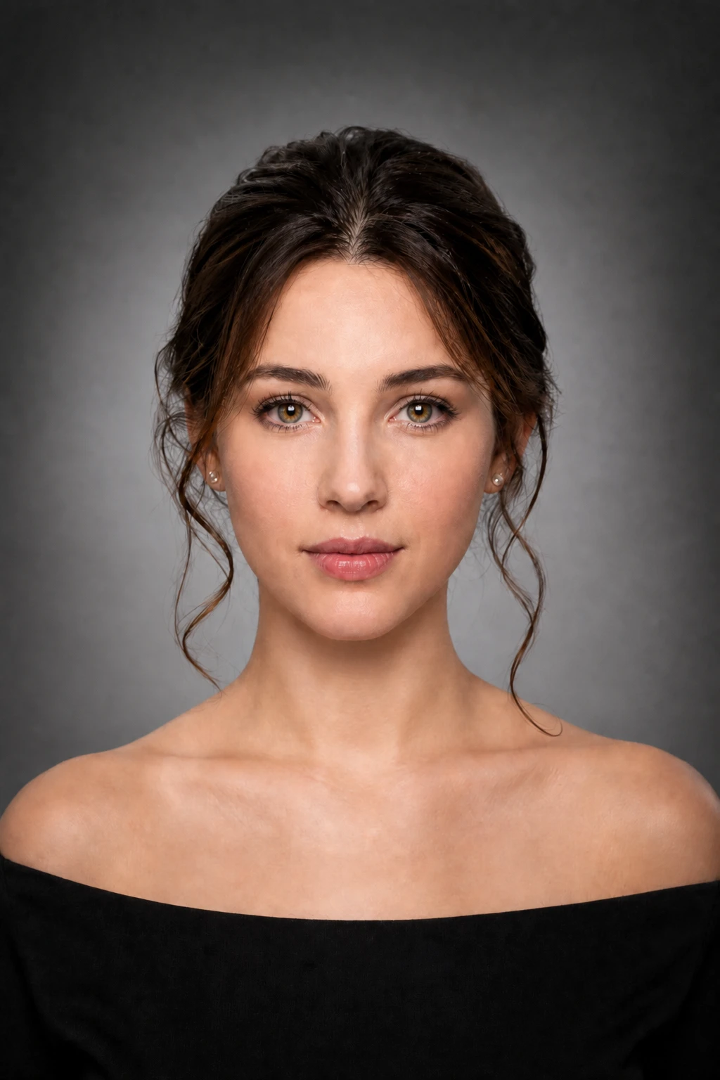 Add a white bounce under the chin — neck shadow opens about a stop and a second catchlight appears low in each eye Woman in a black off-shoulder top on grey, soft even frontal light with lifted chin shadow and a faint brighter pool behind her head.