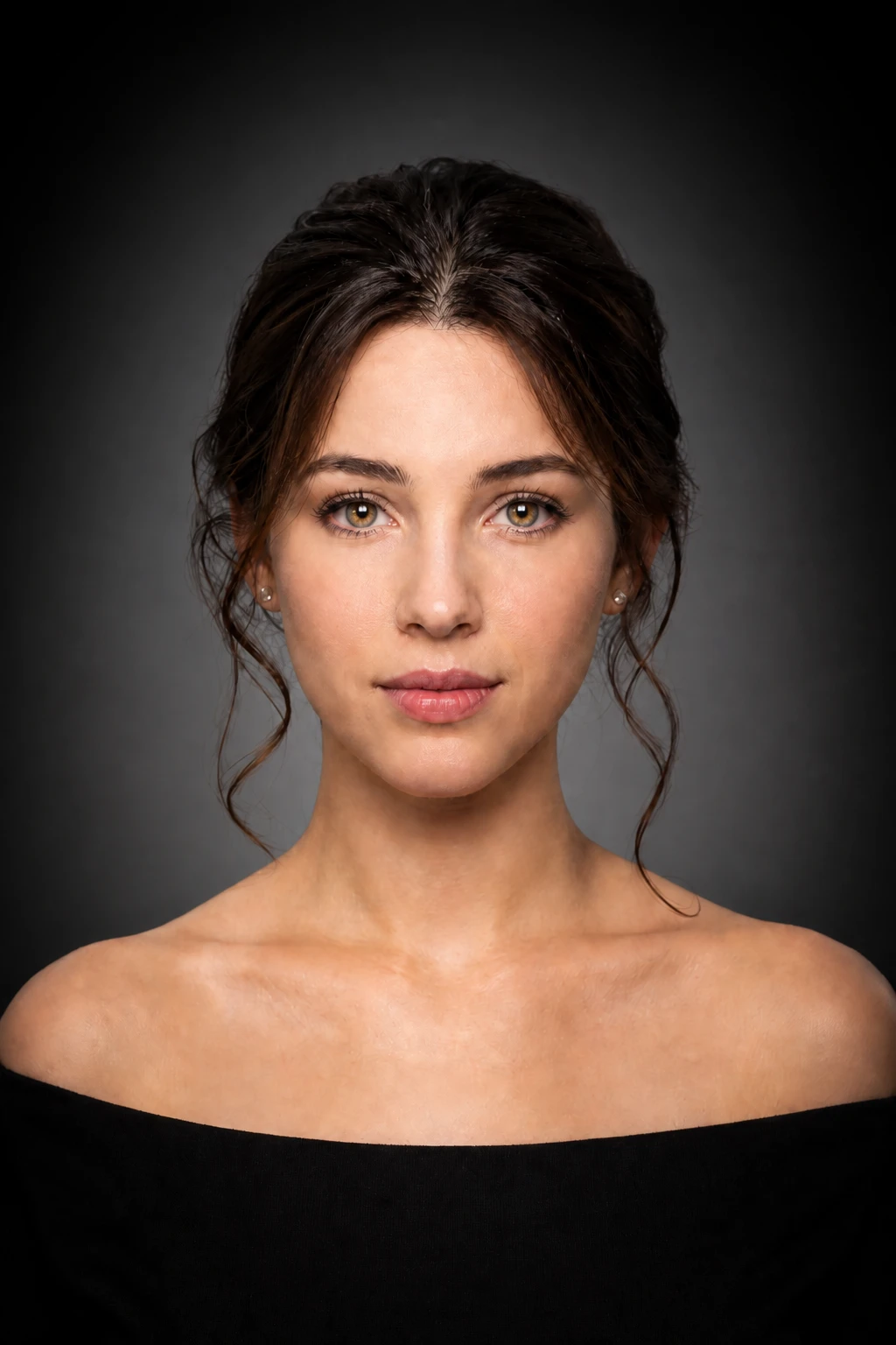 Bring the soft source closer — softer skin wrap, larger catchlights, and the grey seamless falls to black sooner at the… Portrait subject — Closer Wrap variation of Soft Beauty Light Portrait.