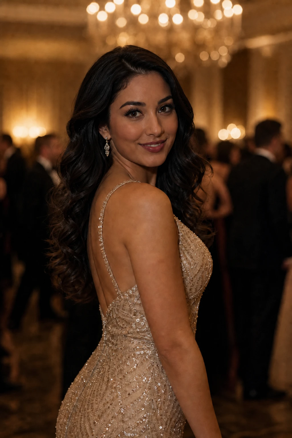 Kill the speedlight — face falls into warm chandelier ambient only, about a stop darker, so you see what the bounce fla… Portrait subject — Ambient Only variation of Speedlight Ceiling Bounce Reception Portrait.