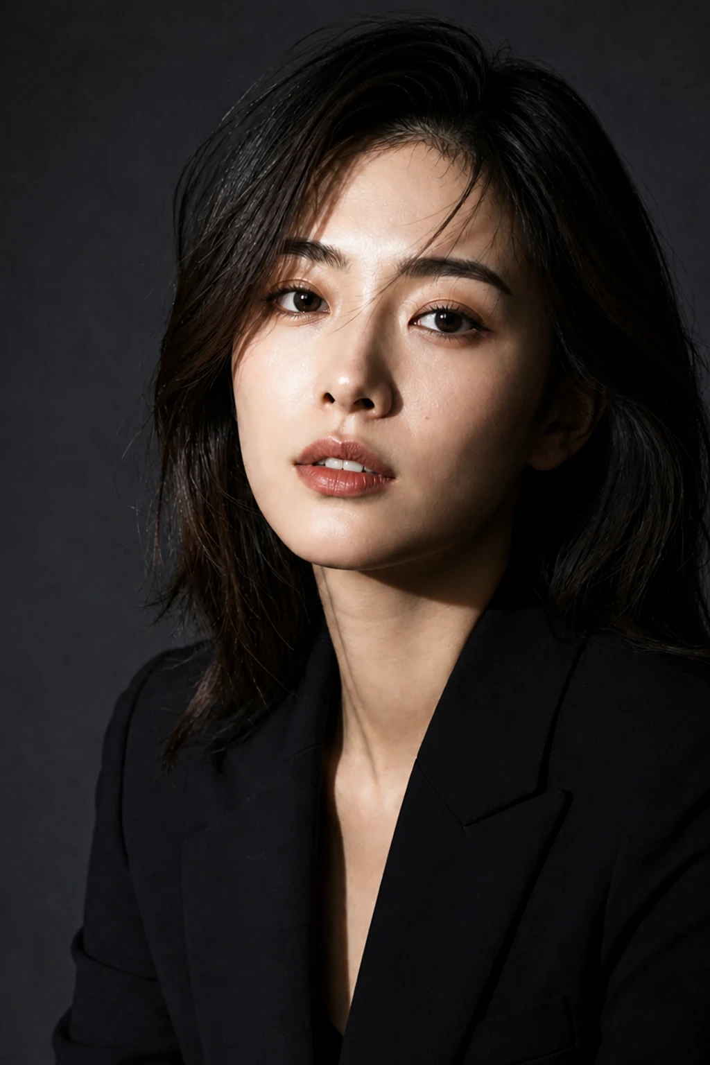 Smaller grid or closer speedlight — harder shadow edge, darker background falloff Styled portrait subject — Tighter Grid Key variation of Speedlight Gridded Editorial Portrait.