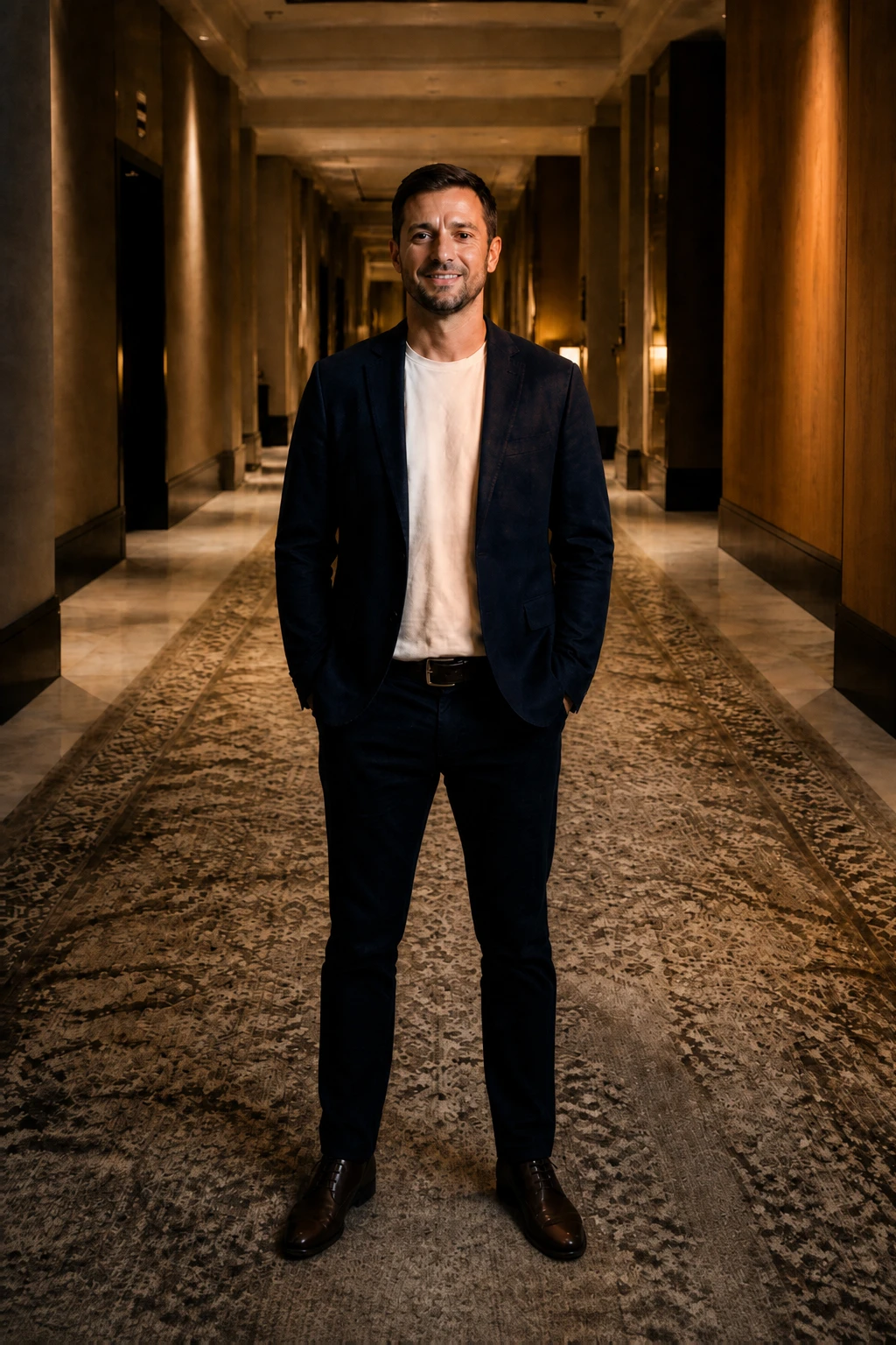 Bounce off warm wood or amber paint — an orange cast lands on the keyed cheek, shirt and jacket, while the shadow cheek… Man in a navy blazer and white tee in a hotel corridor, warm amber bounce on his face along the patterned runner.