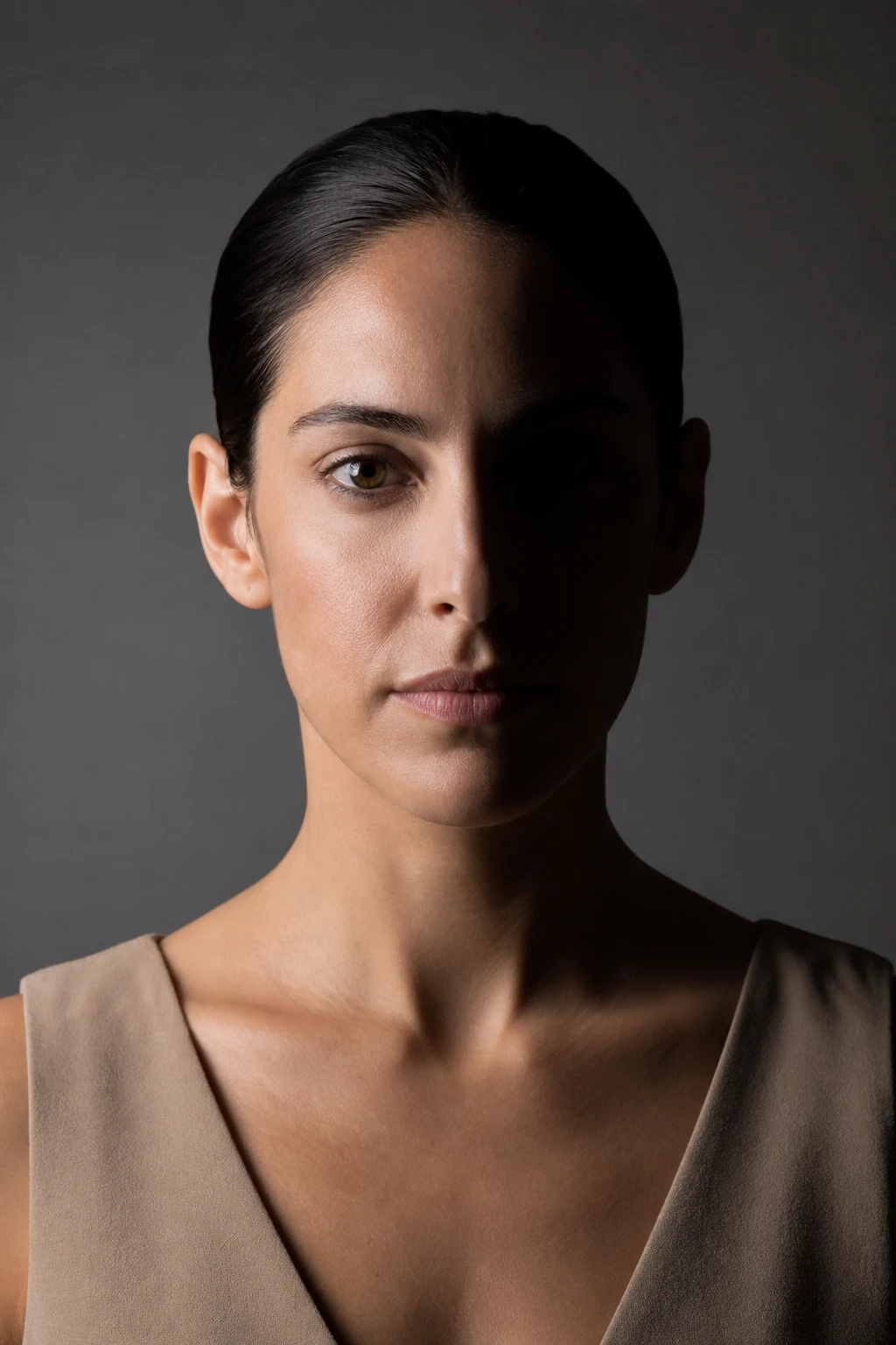 Portrait of a woman with her hair pulled back, lit from camera-left only; the shadow edge runs down the centre of her nose and the far half reads near-black.