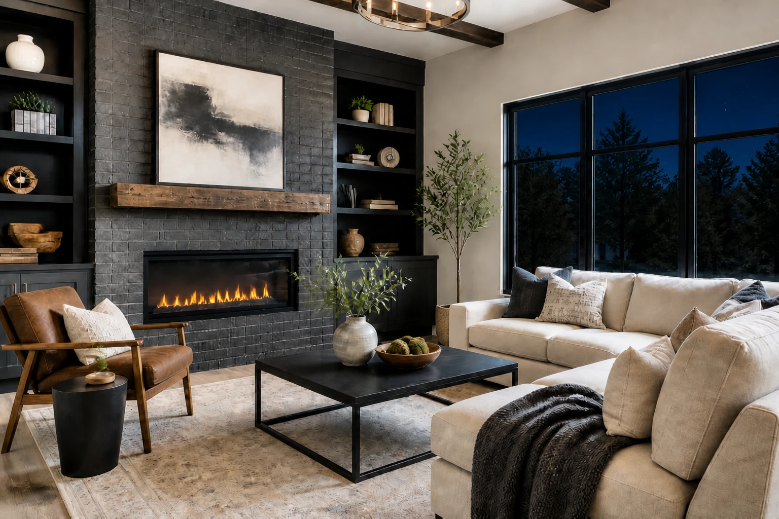 Exterior goes night — dark sky and trees through the glass; bounced strobe fill keeps the room readable Living room interior — Night Window variation of Strobe Fill Interior Window View.