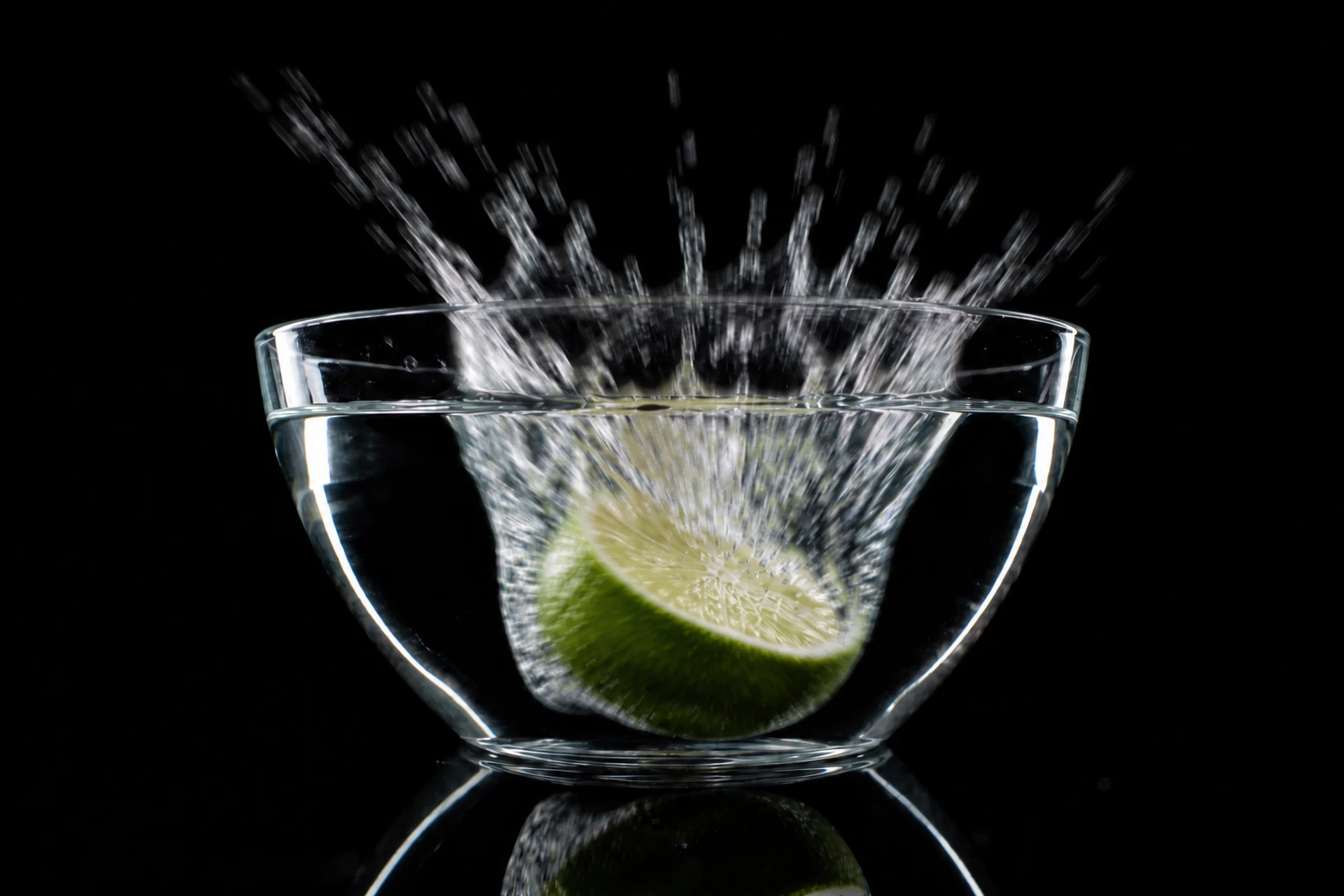 Lime dropping into a bowl of water — Ambient Only Blur variation of Strobe Freeze Product Splash.