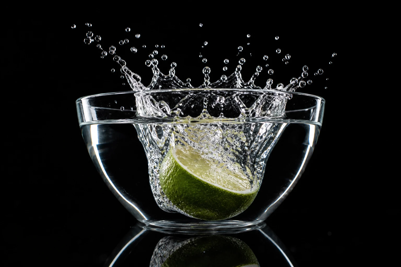 Lime dropping into a bowl of water — Strobe Freeze Product Splash lighting setup.