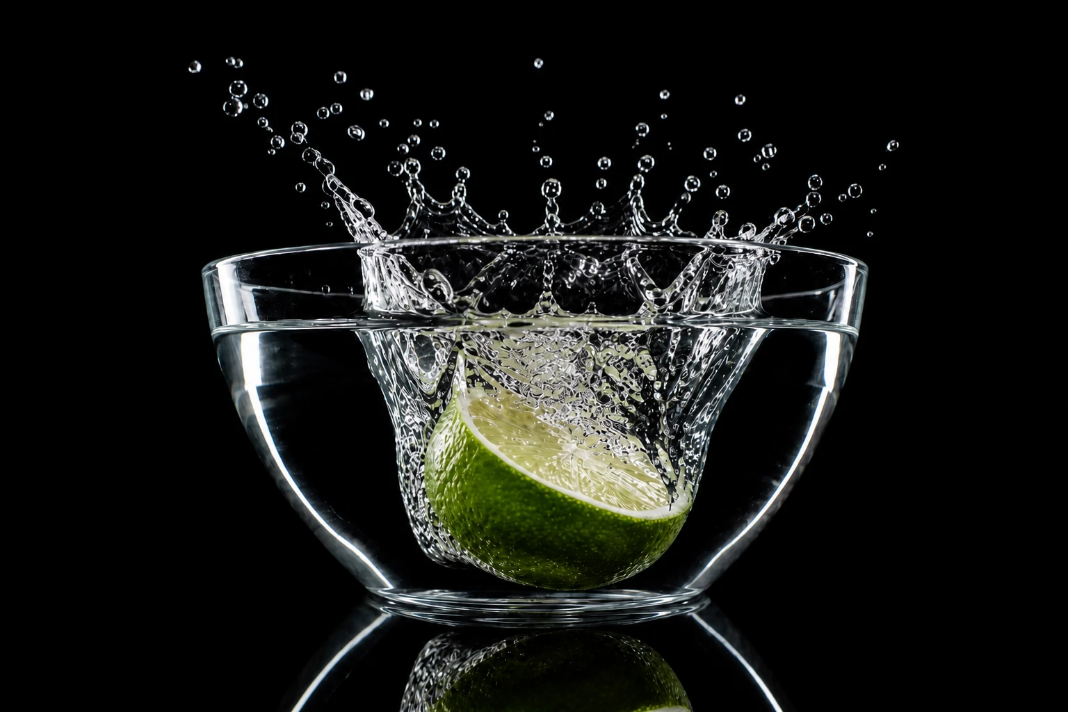 Lime dropping into a bowl of water — Mid Splash Freeze variation of Strobe Freeze Product Splash.