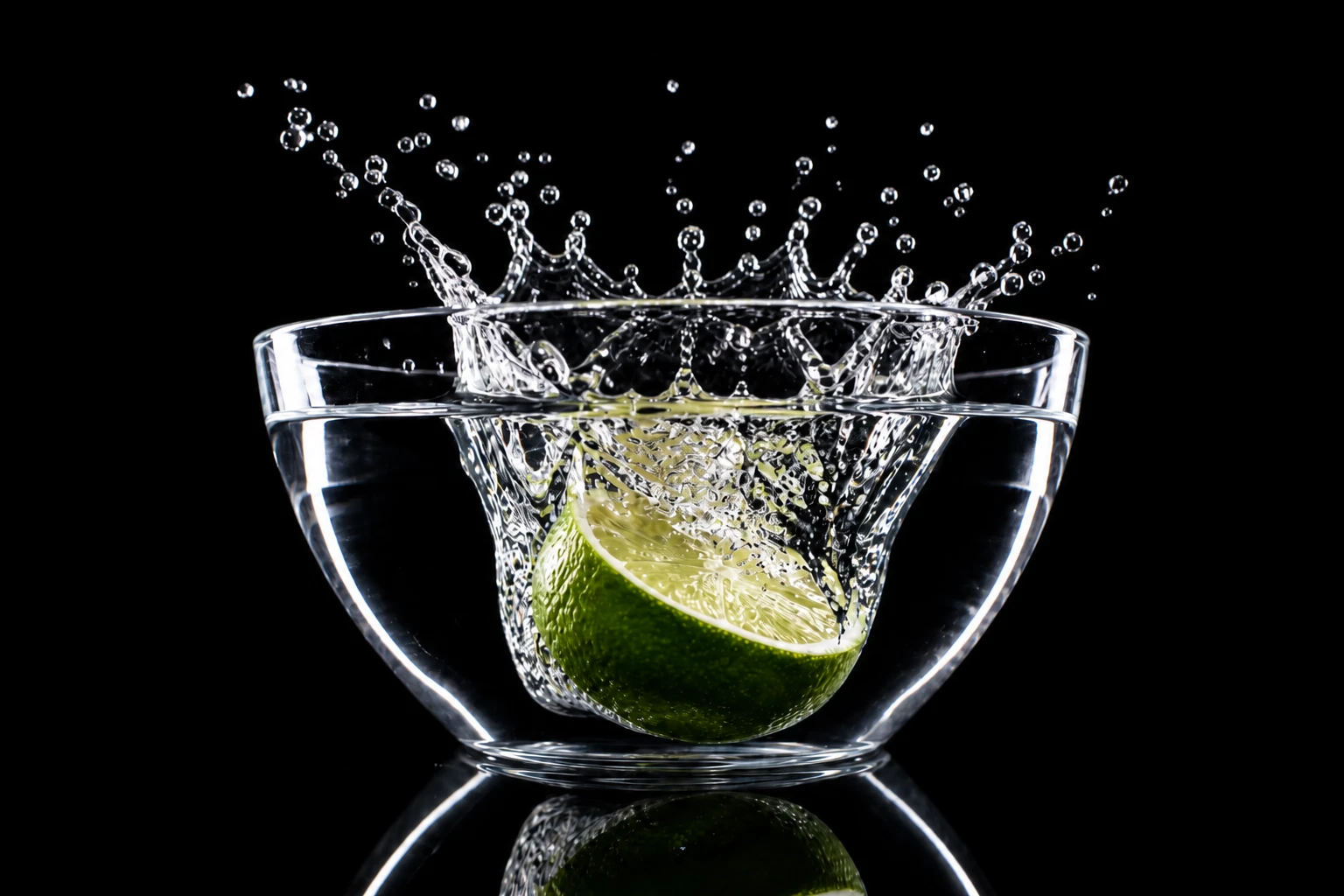 Strip rim powered up — stronger glass edge and liquid specular separation Lime dropping into a bowl of water — Rear Rim Specular variation of Strobe Freeze Product Splash.