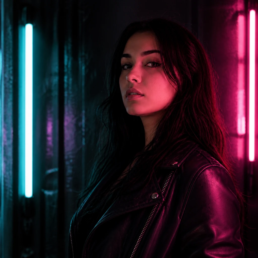 Woman in a black leather biker jacket between two lit tubes in frame, cyan at camera-left and magenta at camera-right; magenta on her face, cyan edging her hair.