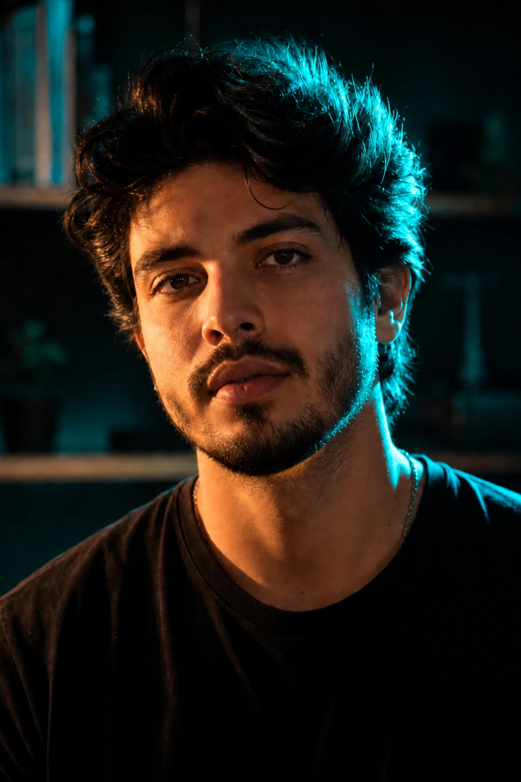 Push the tube rim brighter for a harder neon separation edge while the warm desk key stays matched Bearded man in a black tee, warm orange light on camera-left of his face and a cyan rim along hair at camera-right.
