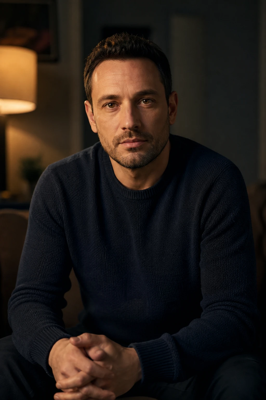 Portrait subject — Tungsten Fresnel Motivated Interview lighting setup.