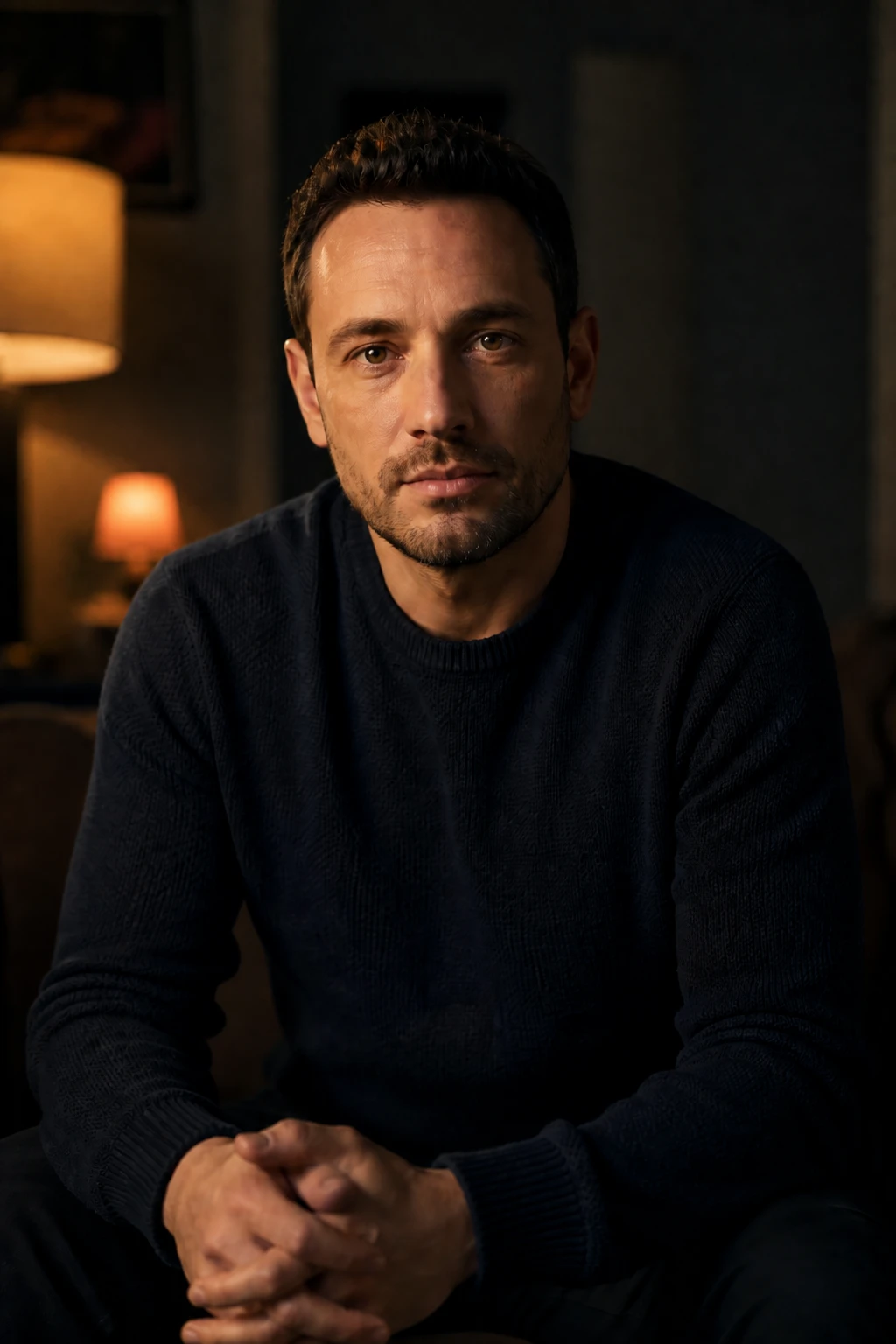 Add a visible warm practical in the background so the Fresnel reads as motivated room light Portrait subject — Practical Motivation variation of Tungsten Fresnel Motivated Interview.