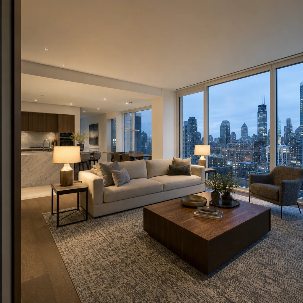 Living room interior — Window Up One Stop variation of Twilight Real-Estate Blend.