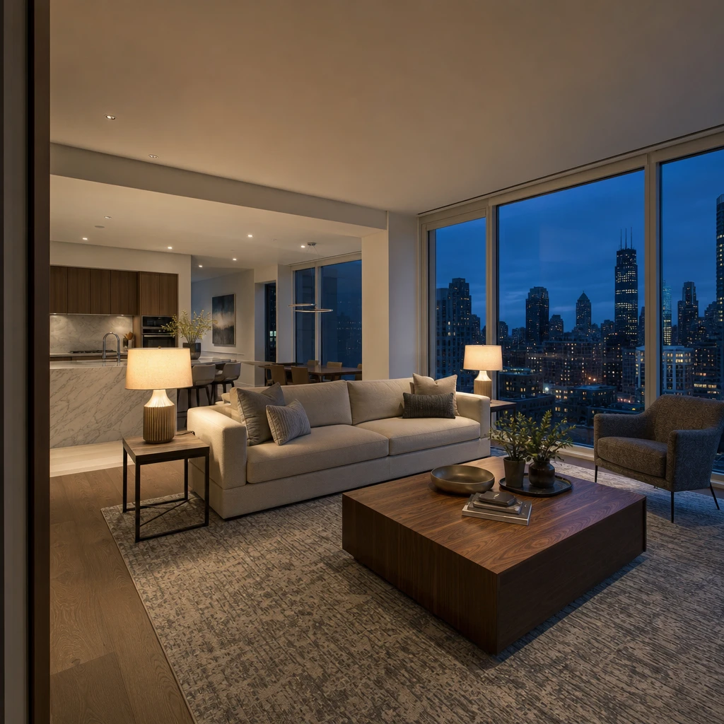 Blue-hour living room high above a city: warm table lamps and ceiling downlights on a pale sofa and wood table, floor-to-ceiling glass showing a deep blue skyline.