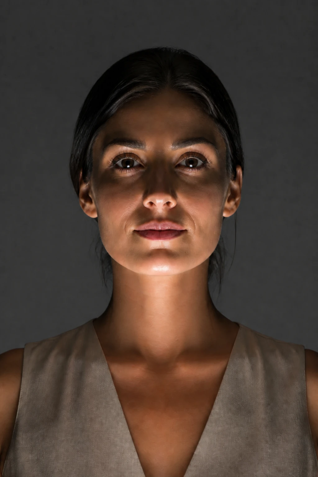 Smaller harder source further below — upward brow and nose shadows harden into a stark theatrical mask Portrait subject — Theatrical Underlight variation of Underlight Low Angle Portrait.