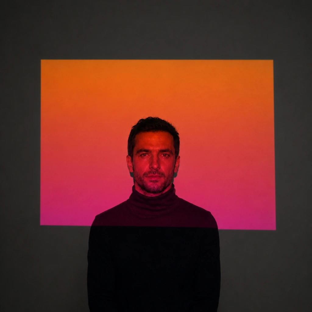 Same pose — orange-to-magenta gradient slide instead of the leaf photograph Portrait subject — Warm Gradient Wash variation of Video Projector Portrait — Image Key.