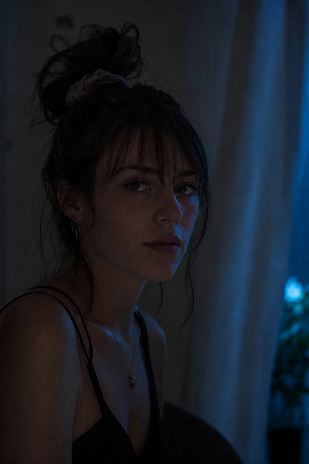 Switch off the warm practical — only cool window light remains on her face and the curtain; the portrait loses warm mot… Portrait subject — Window Only variation of Warm Practical Cool Window Portrait.