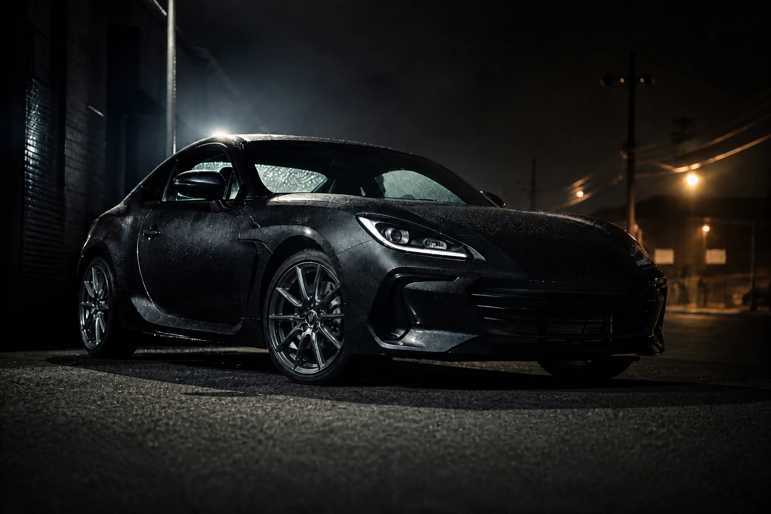 Dry pavement — same rim but no mirror reflection, proving wet ground is the effect Car exterior — Dry Ground Compare variation of Wet Pavement Automotive Night.