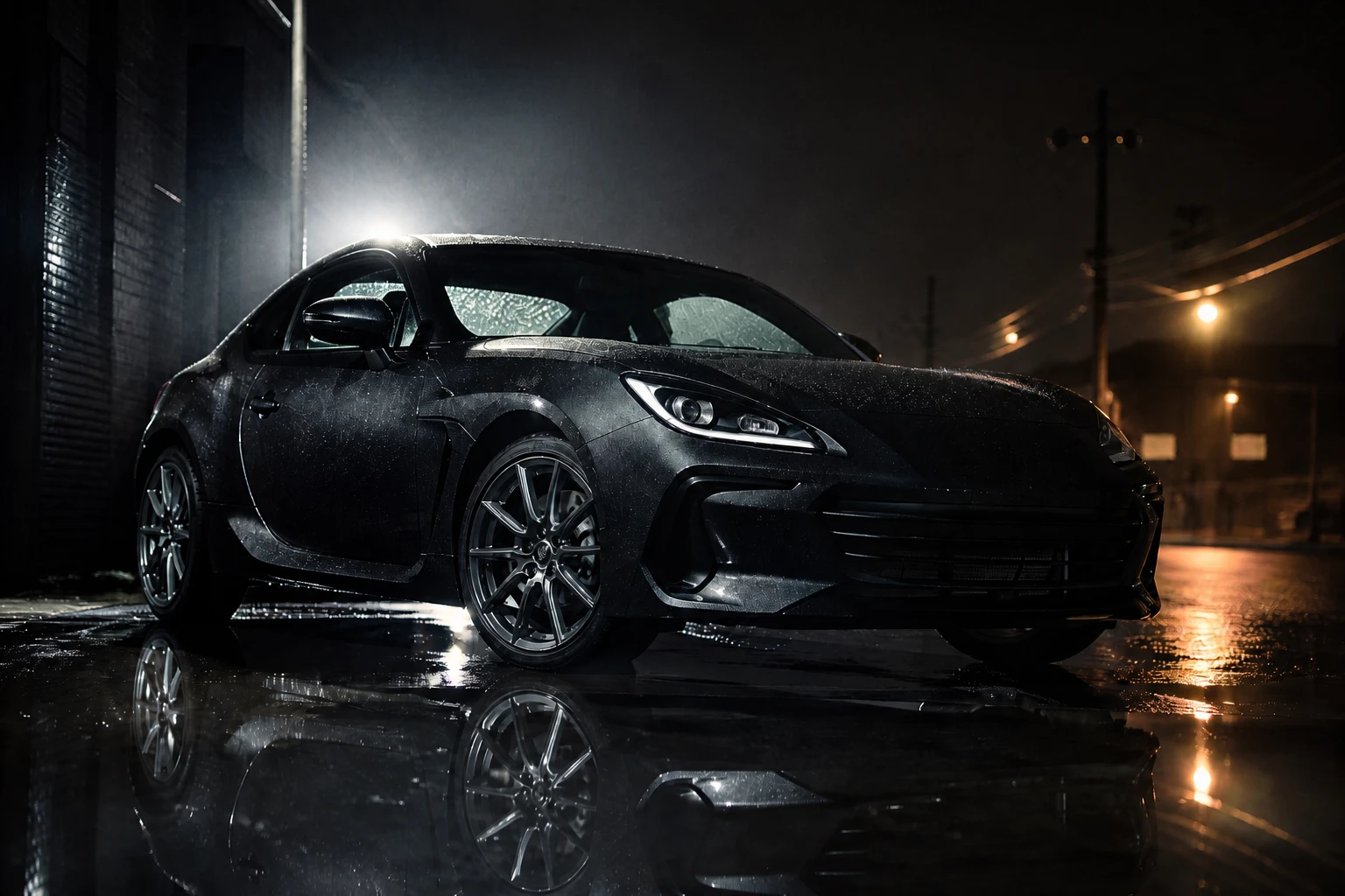 Light haze makes the Fresnel beam visible in air while keeping registration on the car Car exterior — Haze Beam Visible variation of Wet Pavement Automotive Night.