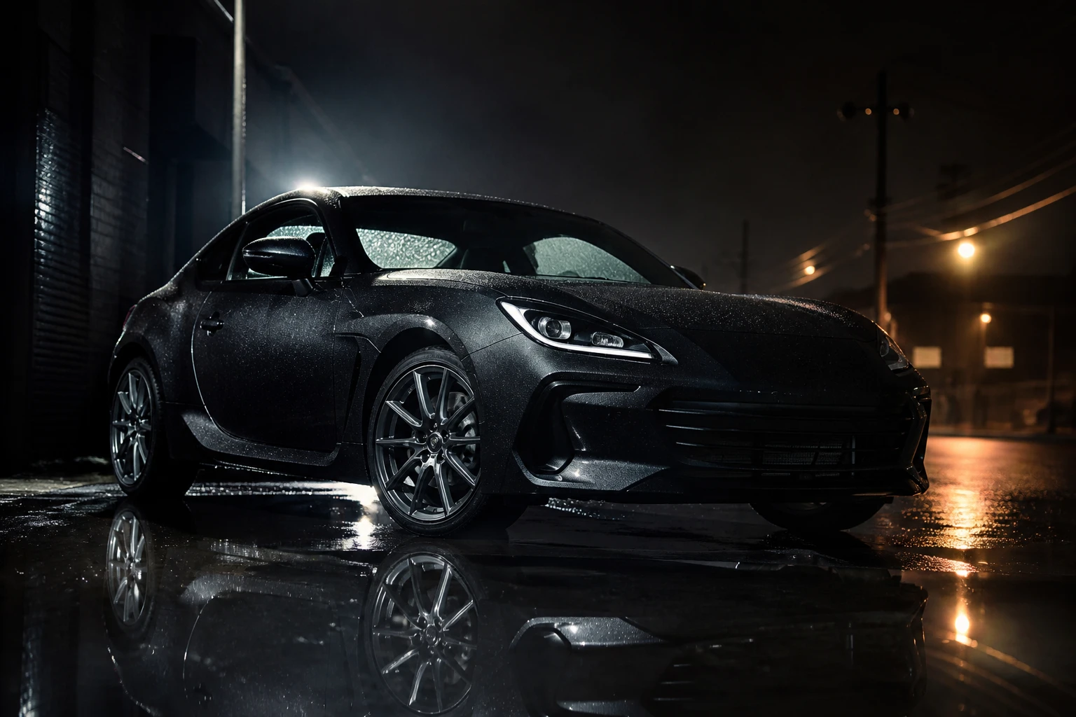 Car exterior — Wet Pavement Automotive Night lighting setup.