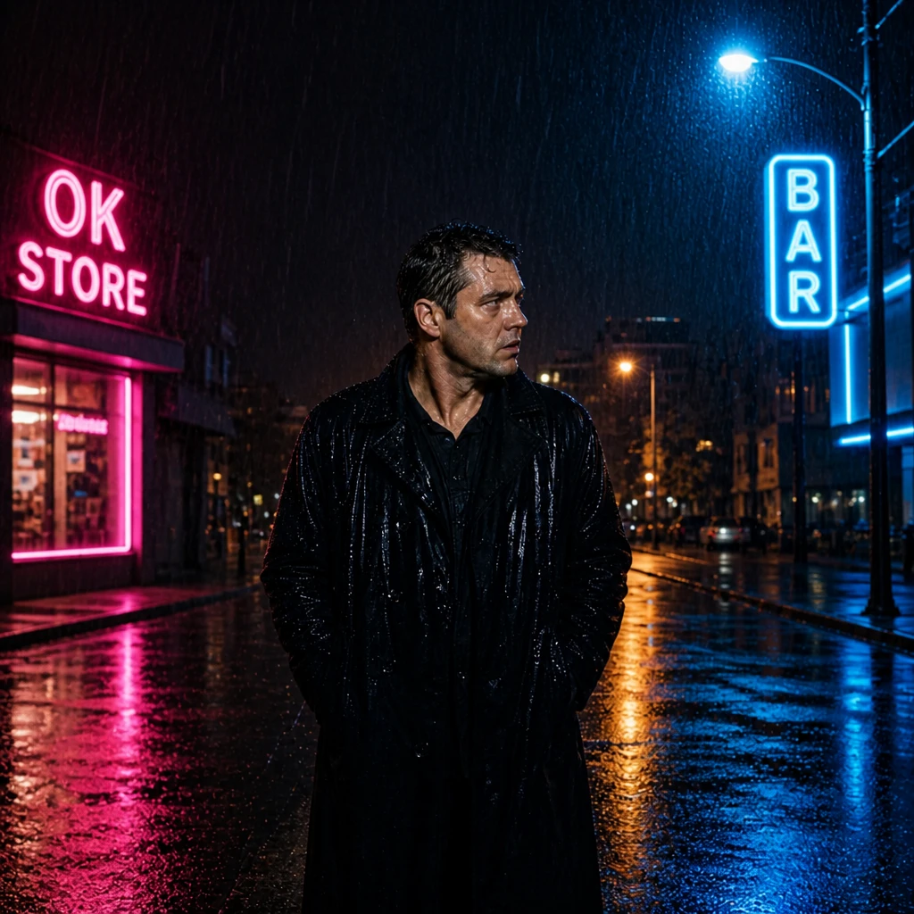 Add a second colored practical on the far side for layered neon street cinema Portrait subject — Two Practical Layers variation of Wet Street Reflection Night Portrait.