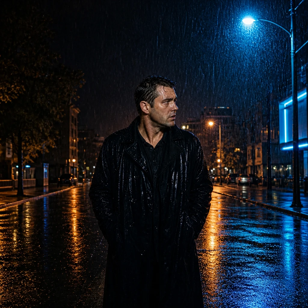 Portrait subject — Wet Street Reflection Night Portrait lighting setup.