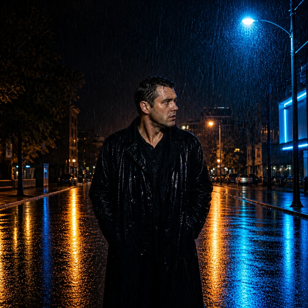 Push wet-ground reflections — mirror-bright puddles smear lamp and neon into long streaks on the asphalt Portrait subject — Wet Pavement Hero variation of Wet Street Reflection Night Portrait.