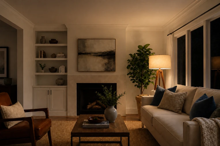 Window daylight dies — dark panes; the floor lamp becomes the warm key and the room falls to practical-motivated pools Living room interior — Night variation of Window-Lit Interior Ambient.