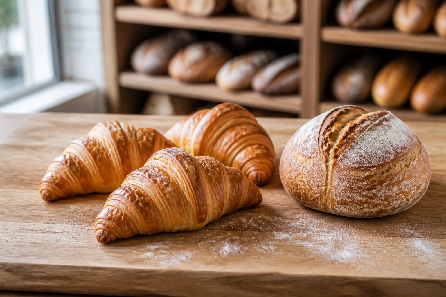 Three croissants and a round floured sourdough loaf on a wooden board, keyed by a bright window at frame left, racks of bread out of focus behind.