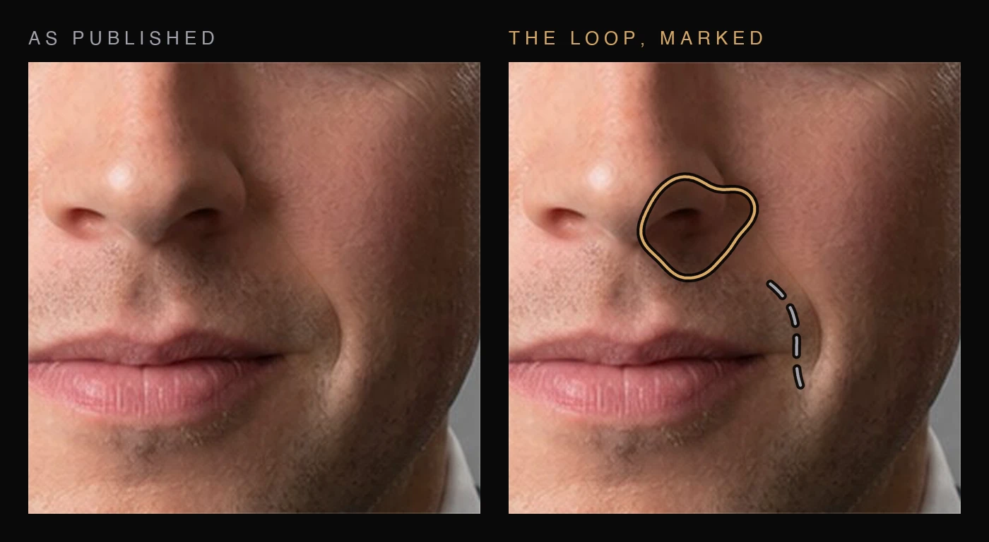 Two crops of the same headshot side by side: on the left the nose and mouth as published; on the right the identical frame with a gold outline around the small closed shadow beside the nose — the loop — and a dashed grey line marking the separate smile crease that runs down toward the corner of the mouth, with unmarked lit skin between the two.