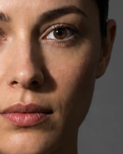 Three tightly cropped views of the same woman’s face, running from the bridge of her nose across her camera-right cheek to her jaw, with the key 27.5, 33.2 and 39.1 degrees off the lens axis to camera-left. In the first two the shadow cast by her nose stops short of the shadow on that cheek and lit skin still runs between them. In the third the two shadows have met, and the light on her cheekbone is an isolated patch with shadow all round it.
