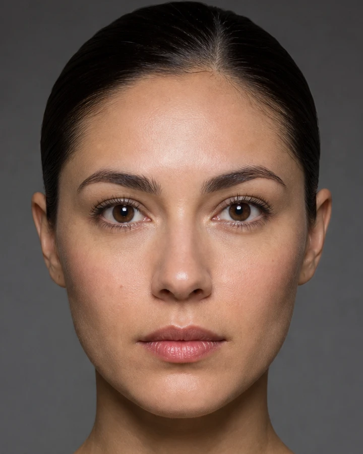 Five views of the same woman’s whole face, lit by one key placed 0.0, 15.8, 27.5, 33.2 and 39.1 degrees off the lens axis to camera-left. In the first she is lit from straight in front: a short shadow directly under her nose, and no cast shadow on either cheek. In the second and third a shadow has appeared down her camera-right cheek and the nose shadow has begun to run sideways toward it, with lit skin still running between the two. In the fourth the two are almost touching. In the fifth they have joined, and the light left on her camera-right cheekbone is an isolated patch surrounded by shadow.