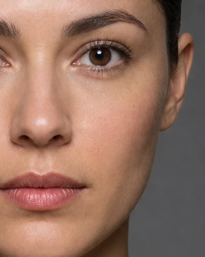 Two tightly cropped views of the same woman’s face, running from the bridge of her nose across her camera-right cheek to her jaw. In the first the key light stands 0.0 degrees off the lens axis, straight in front of her, and the shadow of her nose falls directly beneath it, with no cast shadow anywhere on her camera-right cheek. In the second the key is 39.1 degrees off the lens axis to camera-left, and the shadow of the same nose runs sideways across that cheek — from beside her eye, past the corner of her mouth, down to her jaw — leaving the lit skin on her cheekbone above it separated from the lit side of her face.