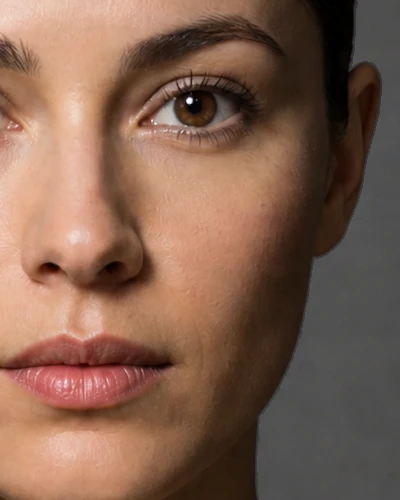 Three tightly cropped views of the same woman’s face, running from the bridge of her nose across her camera-right cheek to her jaw, lit by one key placed 15.8, 27.5 and 33.2 degrees off the lens axis to camera-left. In all three the shadow cast by her nose is a closed shape that stops short of the shadow on her camera-right cheek, with a band of lit skin running unbroken between the two. Frame by frame that band grows narrower and darker.