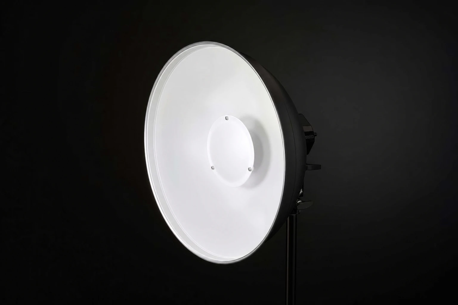 Beauty dish, rigged as it is used — Beauty dishes sit between softbox and bare reflector — semi-hard, punchy, with butterfly shadow under nose when on axis