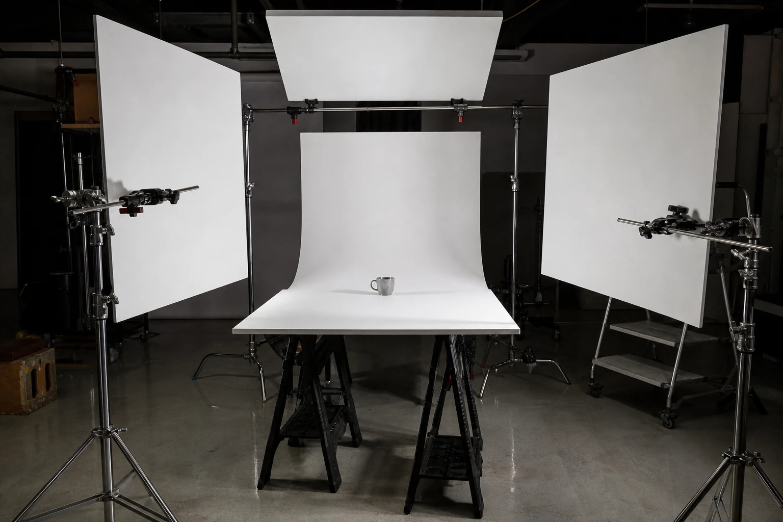 Foam board, rigged as it is used — Foam board is the budget flag/bounce — white for fill, black for reflection control on products and faces