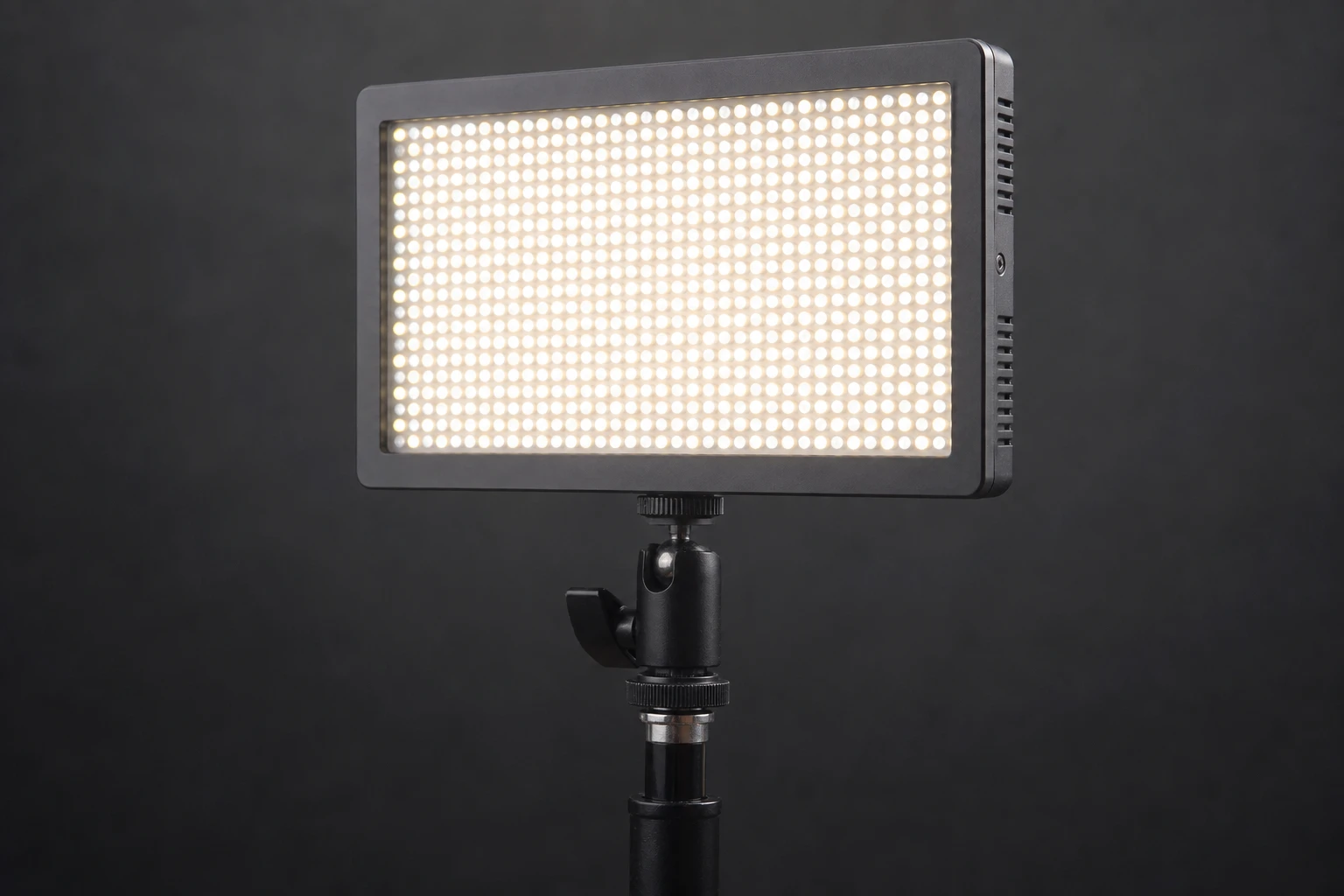 LED panel, rigged as it is used — LED panels give continuous, dimmable light — ideal when you need to see exposure live on video or product tables