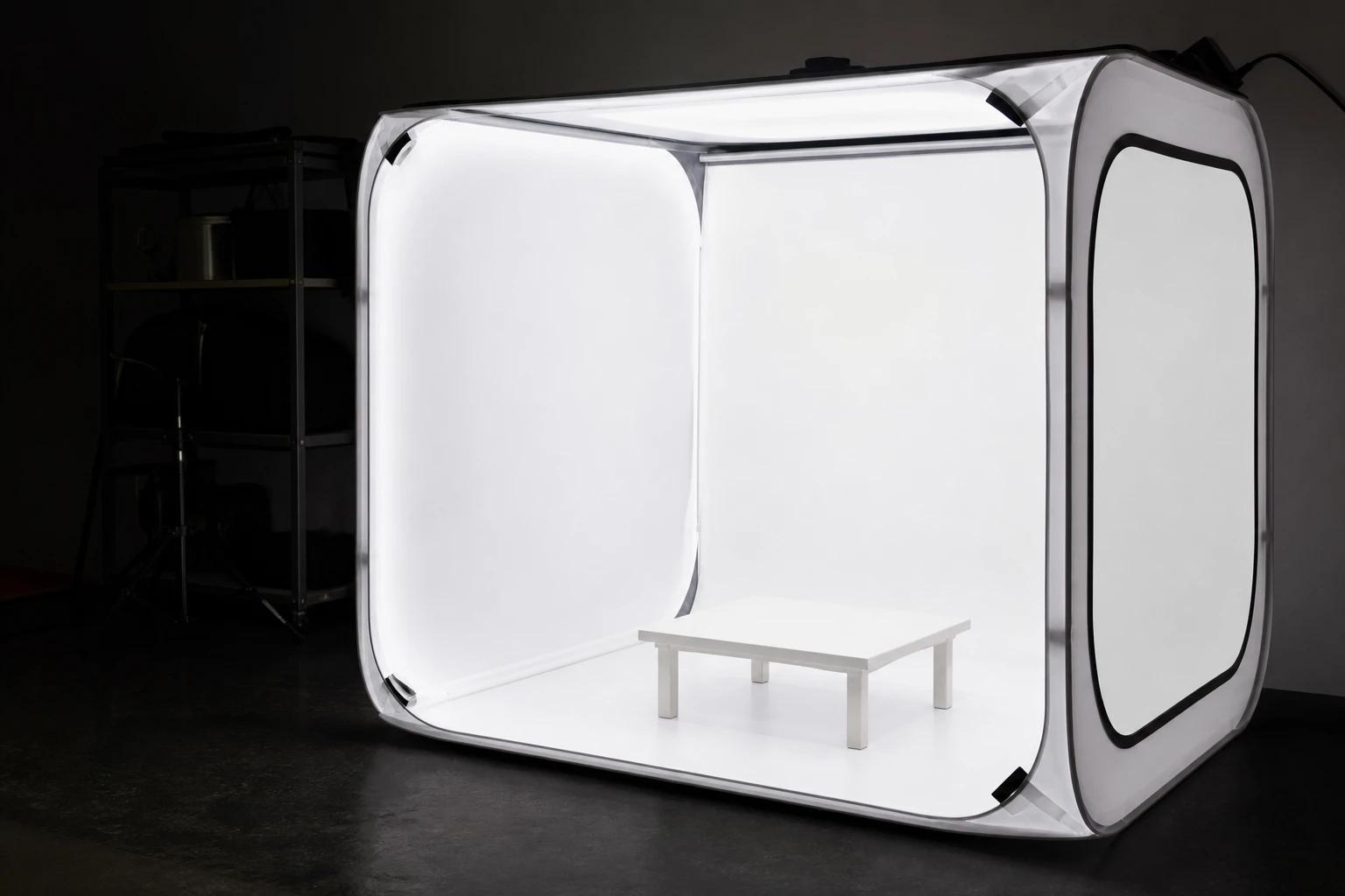 Light tent, rigged as it is used — Light tents surround small products with diffusion — fast even wrap for cosmetics and shiny packaging