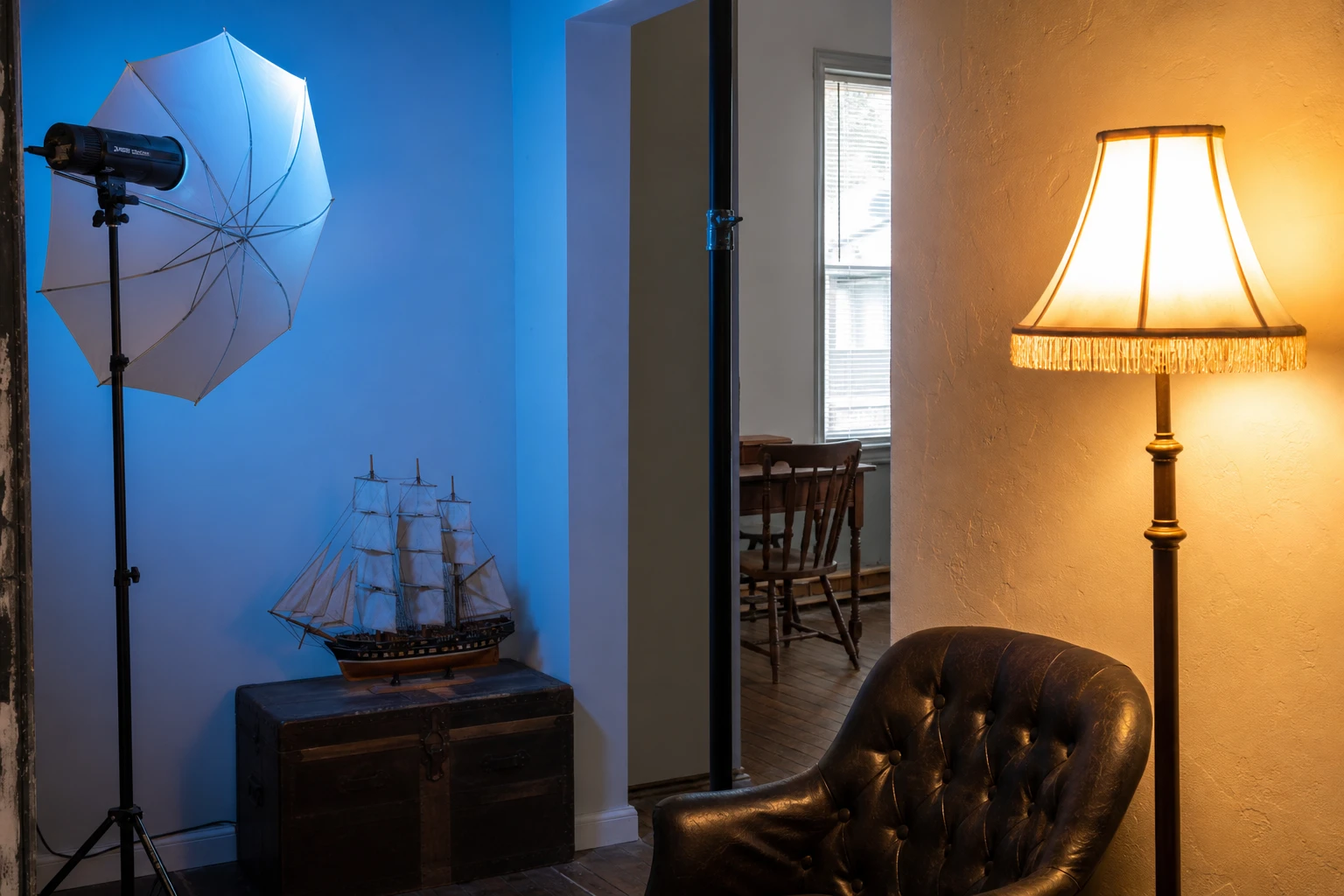 Mixed Kelvin, rigged as it is used — Mixed Kelvin means warm and cool sources coexist — tungsten lamps vs daylight windows, sunset vs flash — by design