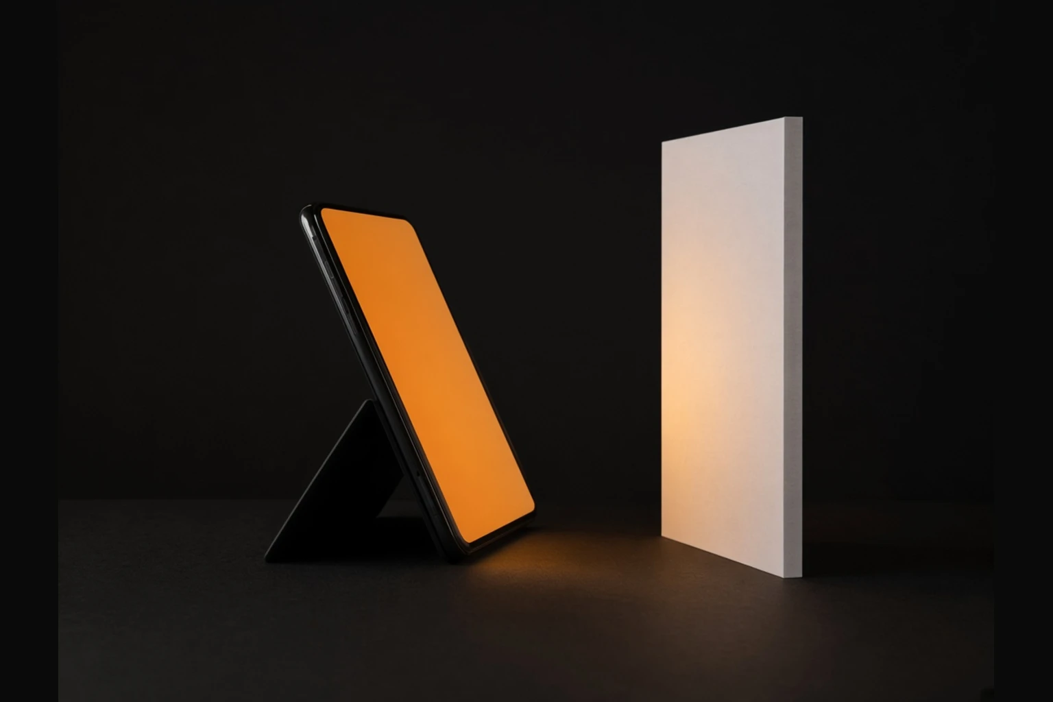 Smartphone on a dark surface with a solid warm orange full-screen glow spilling onto the table beside it