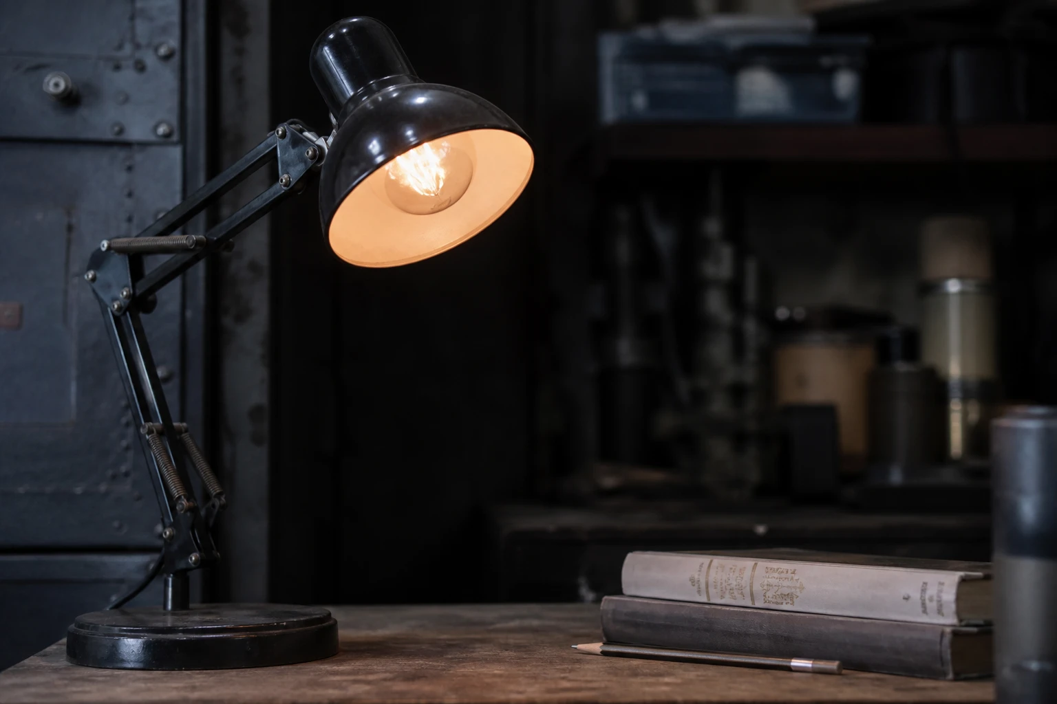 Practical lamp, rigged as it is used — Practical lamps are lights visible in frame — desk lamps, sconces, candles, screens — that motivate why the subject is lit the way they are