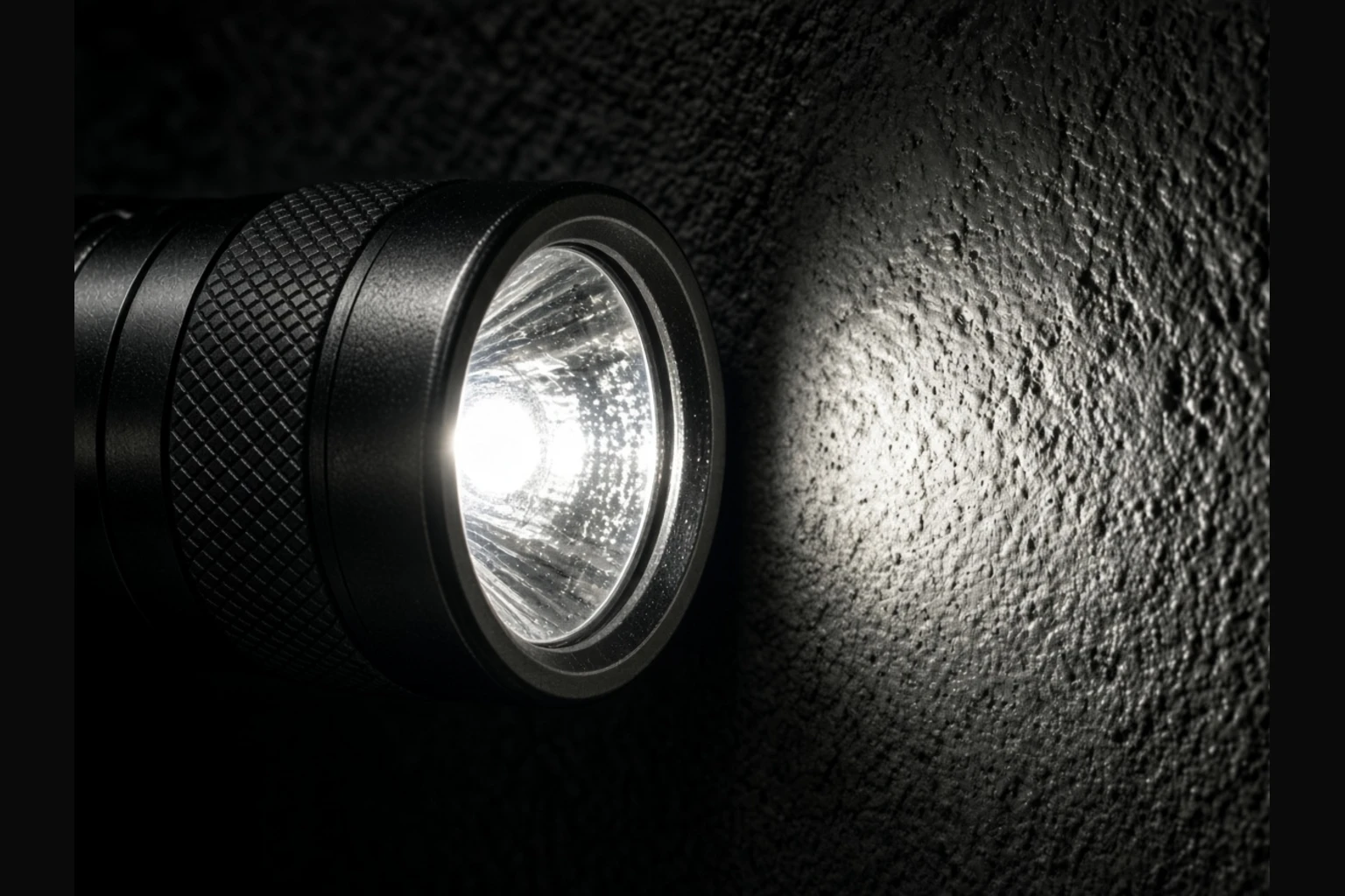Black handheld LED torch on a dark table aiming at a wall, bright hotspot with softer spill corona