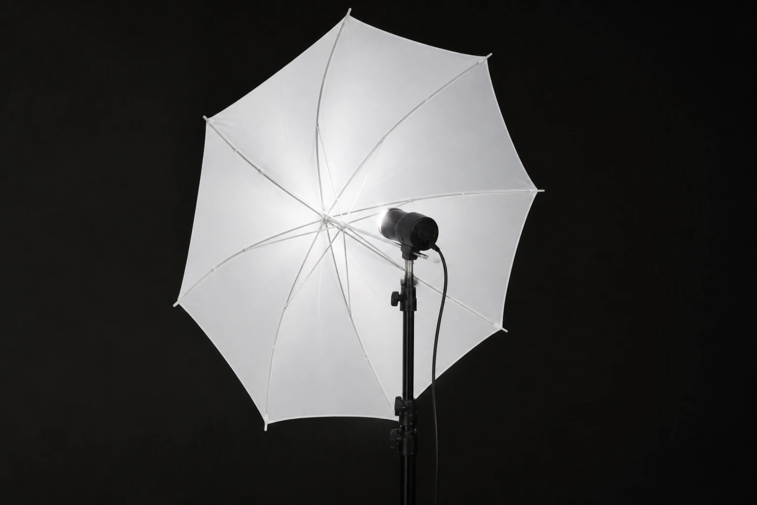 Umbrella, rigged as it is used — Umbrellas are the fastest way to make flash big and soft — shoot-through or reflective white/silver interior