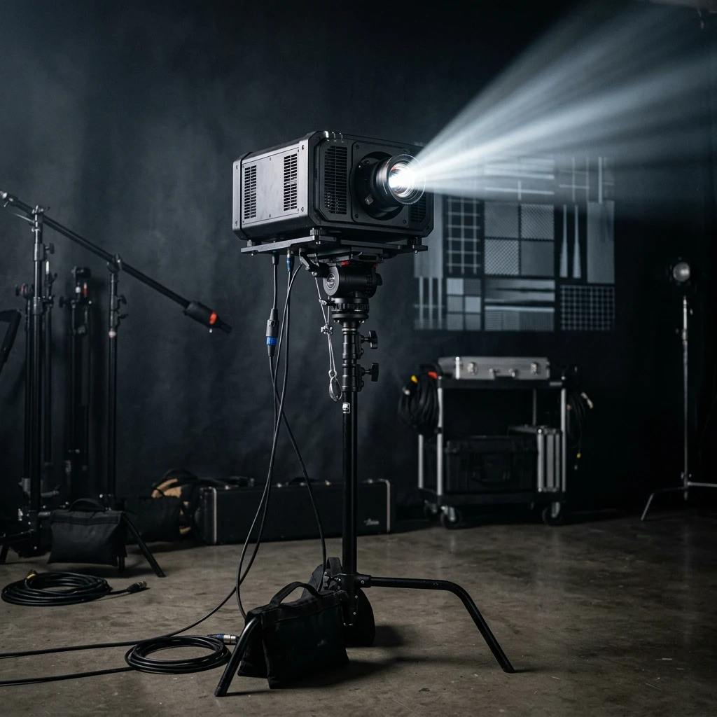 Video projector, rigged as it is used — A digital projector throws a rectangular field of continuous light — plain white for hard key, or a photograph that lands on skin and set a…