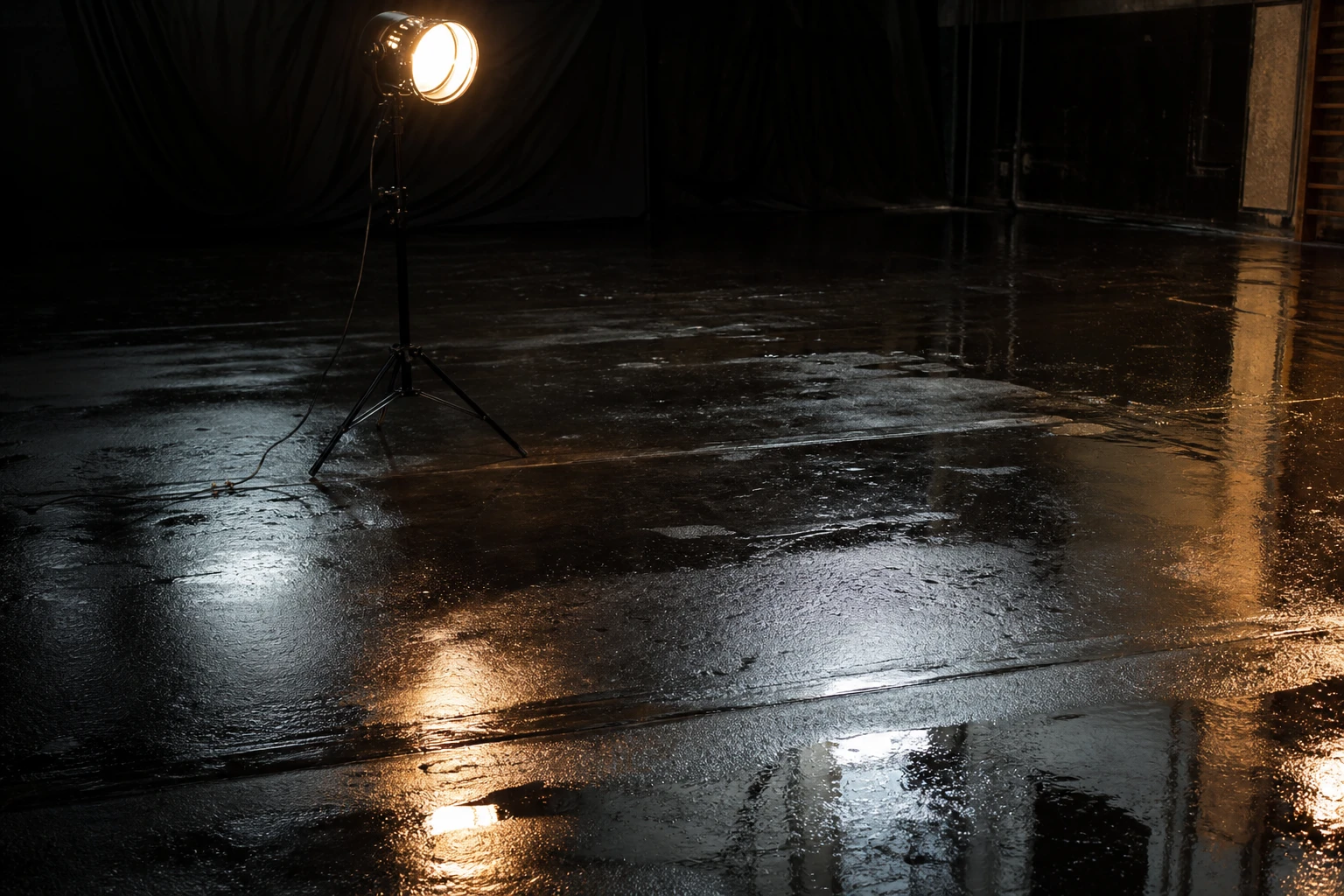 Wet ground reflection, rigged as it is used — Wet pavement and floors duplicate lights as mirror planes — instant night production value